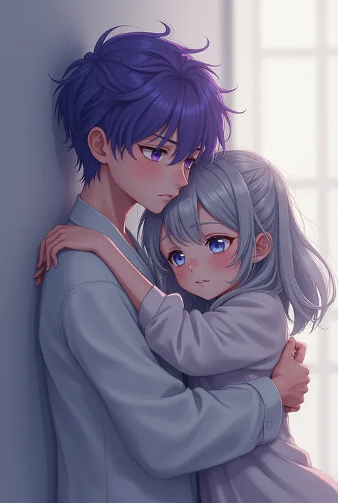 blue lock. Girl with gray hair and blue eyes ,  hugging Reo Mikage boy with purple hair and purple eyes