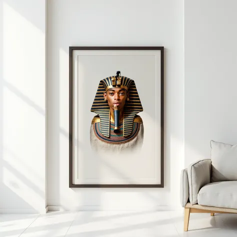 A photo frame of King tut on a frame on white wall