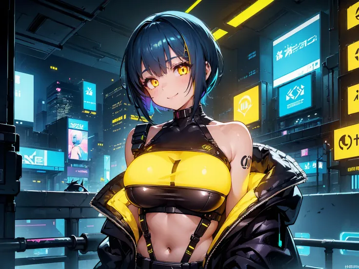 (((1 girl))), ((detailed glowing yellow eyes)), ((short blue hair)), voluptuous body, seductive smile, black tube top, cyberpunk outfit, cyberpunk setting, Masterpiece, Hyper detailed, Best quality