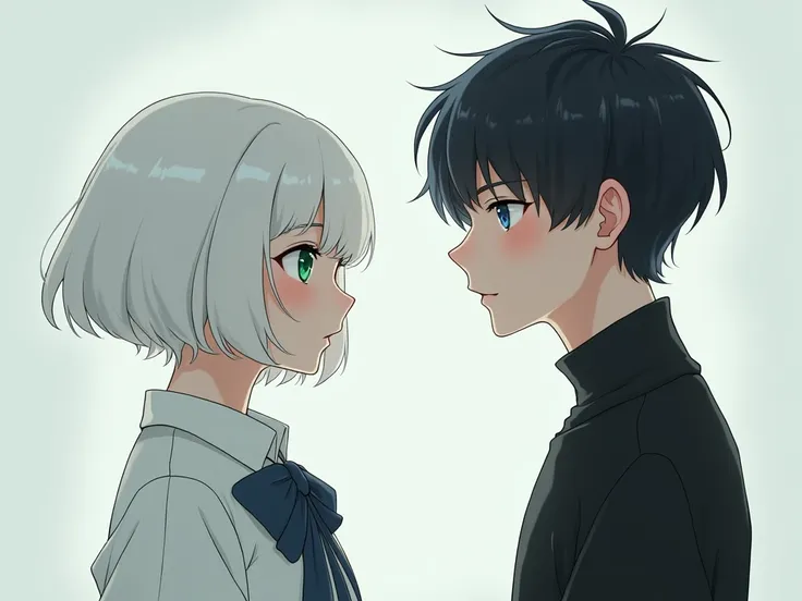 A girl with white hair is standing face to face with a guy with black hair. Beautiful realistic girl with green eyes, short white hair, square haircut, wearing a white shirt with bow tie and skirt, and a beautiful guy with blue eyes and short hair, realist...