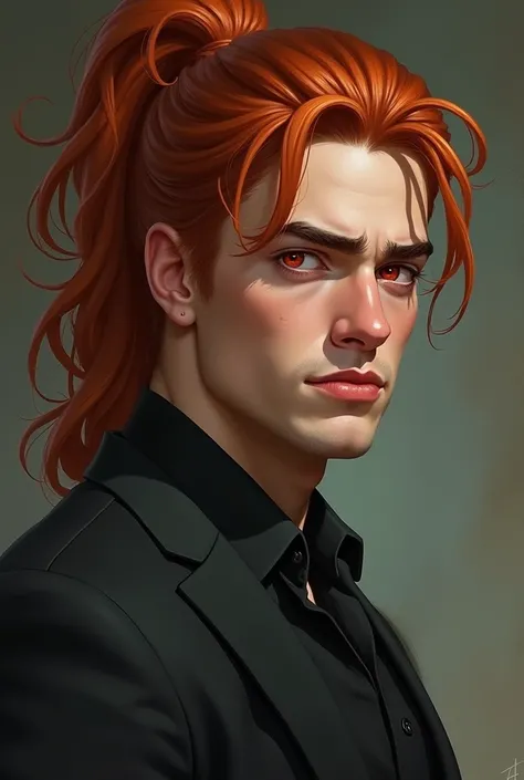  masterpiece fails,  Handsome guy, his eyebrows are frowned , smile, red hair in a high ponytail,  red eyes 