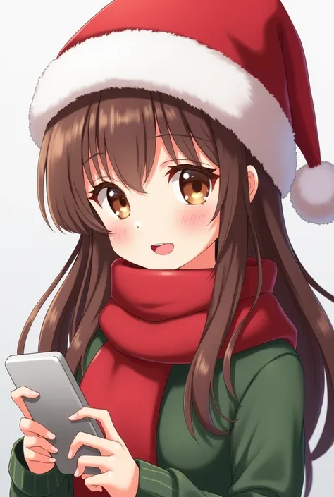 "Given anime" Girl with brown hair in layers Christmas hat and scarf, looking at her cell phone profile happy 