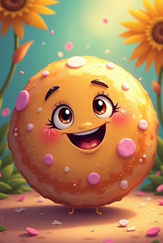 A donut from Colombia with a cheerful mouth and lively eyes
