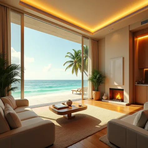 Generate images of a beachfront apartment, luxurious and modern with golden tone 