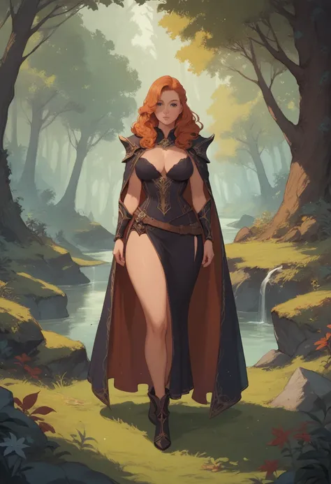 1girl, fantasy character concept art of a magical young elvish woman with expressional facial expression, cape, curvy, (perfect long ginger hair), dark fantasy forest in the background, fantasy coloring