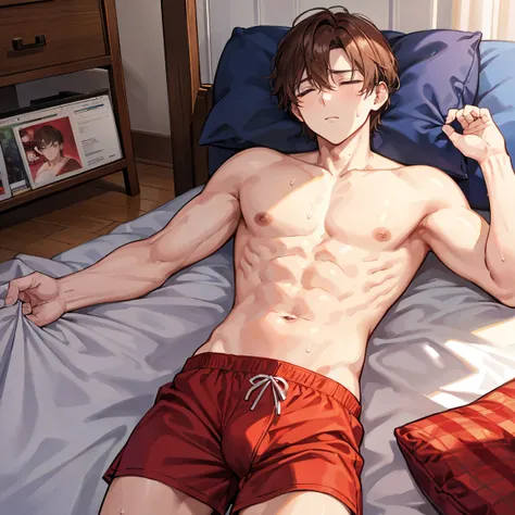 The man who is the leader of the Order with brown hair is shirtless, wearing red boxer shorts, sweating and sleeping on the prairie