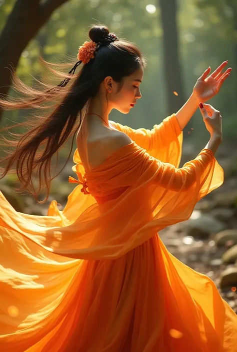 Create a beautiful Japanese woman dancing in a dress with fox colors, invoking fire power magic, , realistic, 4k