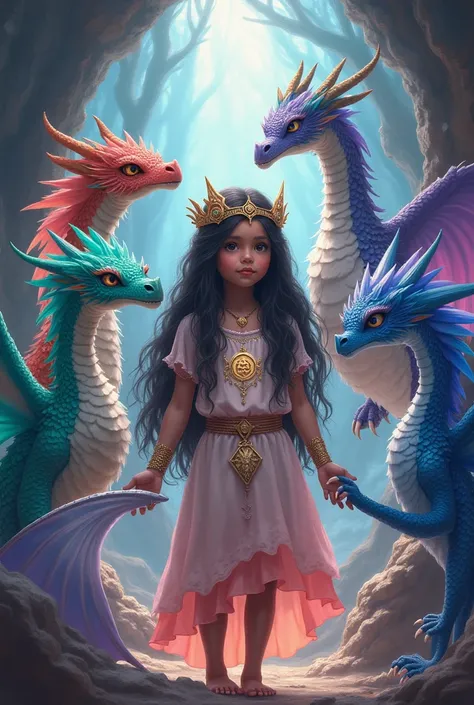    Image of multicolored dragons   ,  in glass caves   ,     in front of them mixed race girl   , long black hairs  ,  dressed with multicolored feathers   ,  flower crown in his hand a ring with a symbol  ,    on the other hand a large light shield  