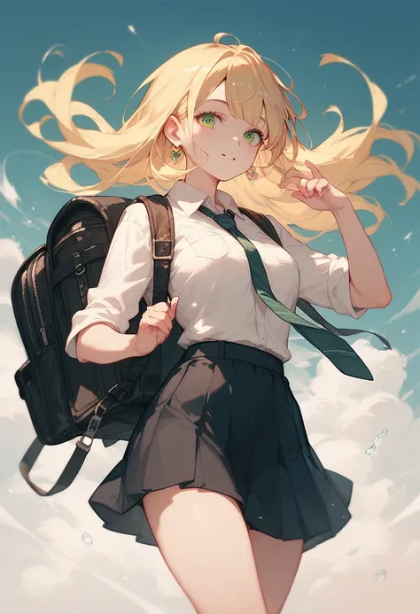 a hot anime school girl with long, blonde hair, with green eyes and is wearing a  black skirt and white shirt with a tie... an d is  wearing a  black backpack....on her back