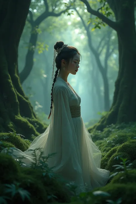 Asian girl in a dark forest 