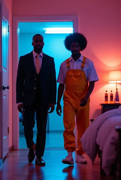 Front view close up of a black business man and a man with an afro and overalls walking into a neon lit room filled with bottles of baby oil and a bed, nightmare, dream-like, highest definition, highest details, highest quality 