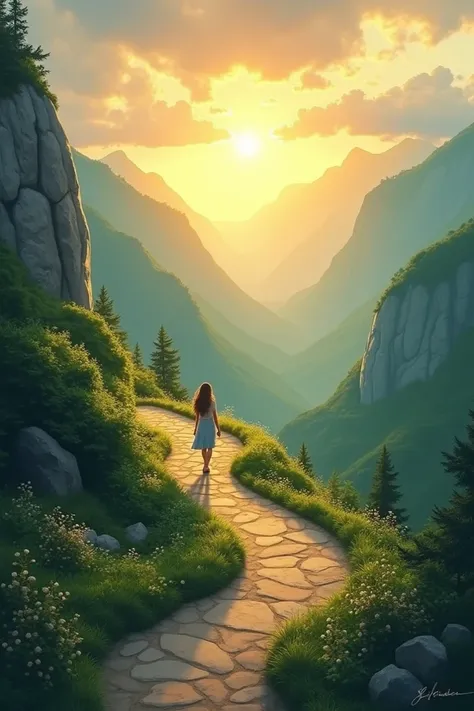 "A serene mountain path at sunrise, symbolizing patience and trust in the process. The pathway winds through lush greenery, with soft golden light breaking through the clouds, creating an atmosphere of hope and calm. The scene emphasizes the beauty of pers...