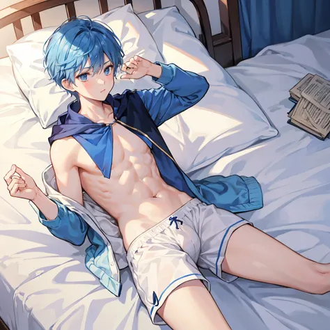 The blue short-haired wizard man majoring in meteorology wears white boxer shorts on his bed alone and has a naughty imagination