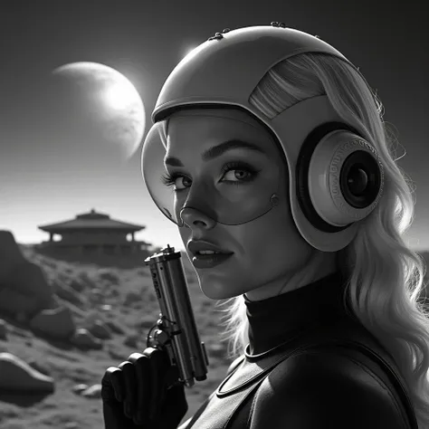 black and white close up cinematic photography of a beautiful blonde woman, Maureen OSullivan style hair, sexy and sculpted body, beautiful breasts, with a tight futuristic jumpsuit and glass helmet, holding a retro laser gun, in the background a retro fut...