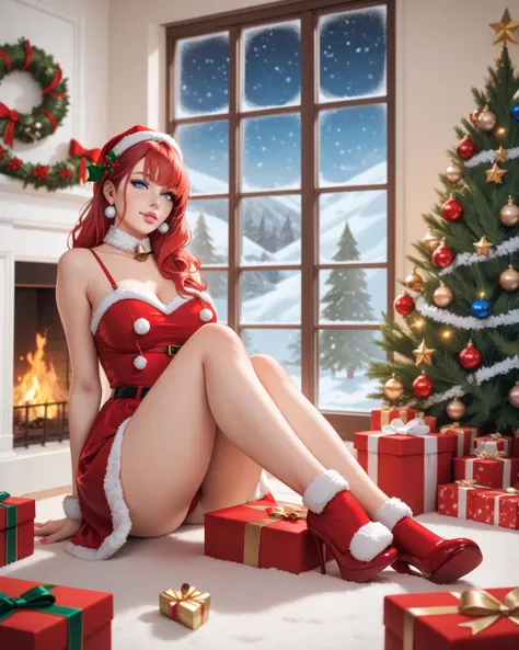 4k resolution; detailed rendering; masterpiece; long red-haired girl in Santa Claus dress sitting on the floor; excitement on the girls face; big blue eyes; pink lips; room with carol decorations; fireplace; Christmas tree with ornaments and lights; snow c...