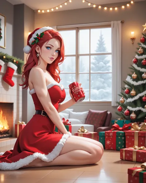 4k resolution; detailed rendering; masterpiece; long red-haired girl in Santa Claus dress sitting on the floor; excitement on the girls face; big blue eyes; pink lips; room with carol decorations; fireplace; Christmas tree with ornaments and lights; snow c...