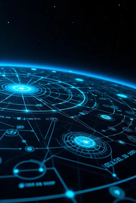 a photograph showing a map of an alien solar system. Glowing blue lines on black background. Science fiction. Alien symbols and numbers. Glyphs. 