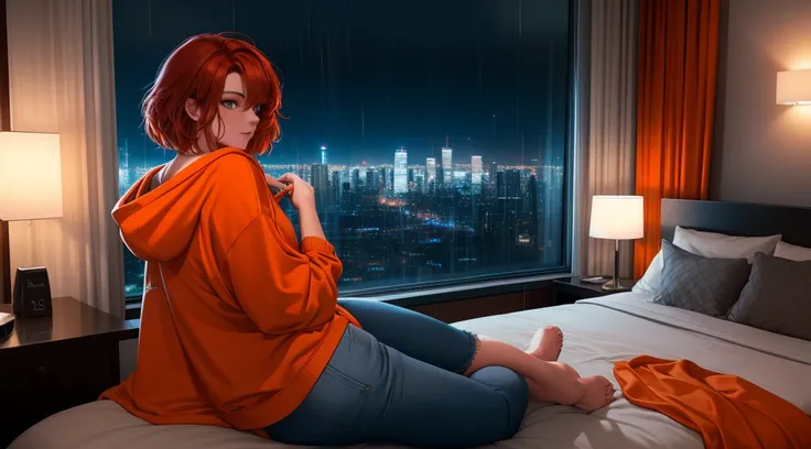 "Create a cinematic, cozy bedroom at nighttime with a modern urban setting. A large glass window reveals a futuristic cityscape illuminated by neon lights with light rain falling outside. The perspective is from a distance, capturing the entire bedroom lay...