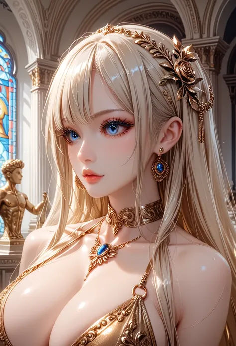  in a museum elegant woman dress orange neckline .  jewelry rings rings slim athletic body buttocks big breasts very long yellow hair blue eyes long eyelashes long nails made up red. gold statues .  silver sculptures  