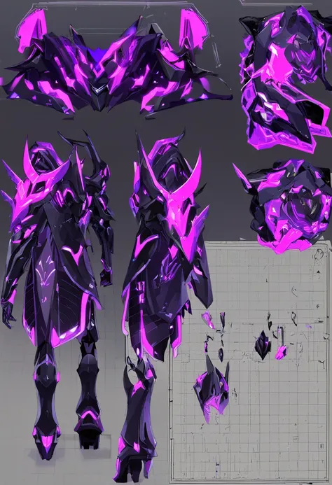 ((masterpiece)),(((best quality))),(character design sheet, same character, front, side, back), illustration, male, black, evil, purple, neon purple, menacing, powerful, black demonic armor, electric, purple energy, power
