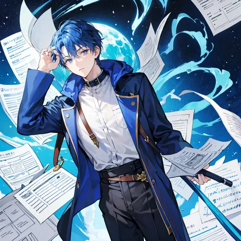 The blue-haired short-haired wizard man majoring in meteorology has a tired expression comparing dozens of documents