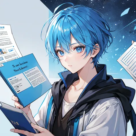 The blue-haired short-haired wizard man majoring in meteorology has a tired expression comparing dozens of documents