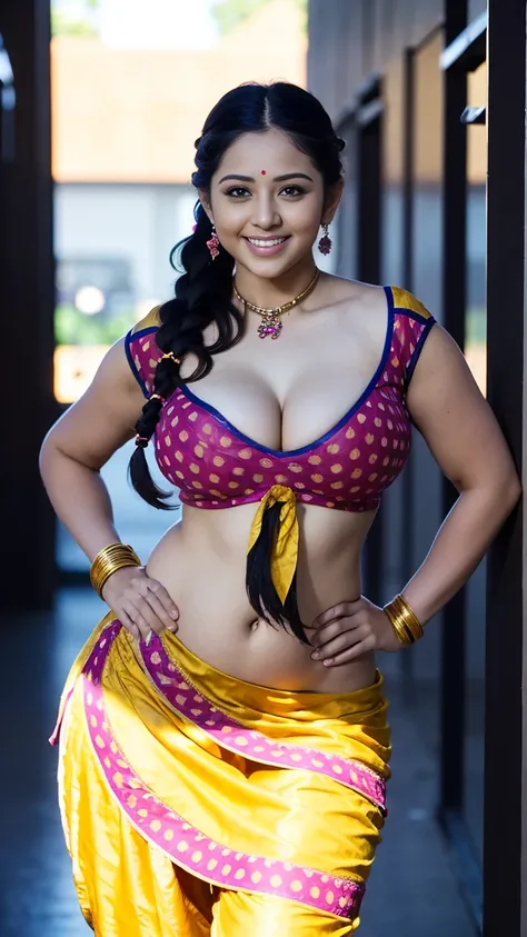 HD wallpaper 32k cinematic shoot of a Beautiful cute girl, with thick thighs and a curvy waist, twin braids,  wearing an Indian blouse top, horny, seductively, in a school corridor, dotted blouse top, smiling, ((long curvy waist)), ((lowwaist)), (((deep ne...