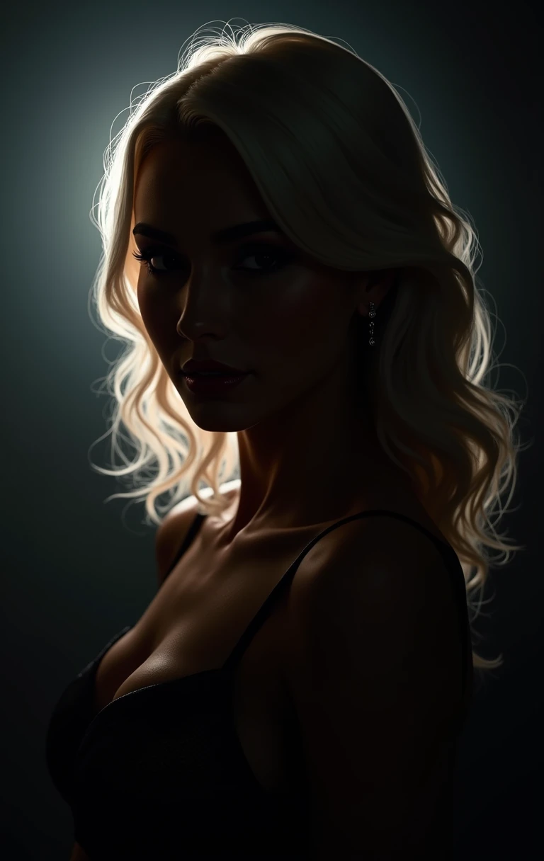 OBxiaoxiang, Silhouette Art, magnificent, dark background, portrait of stunning oriental woman, platinum hair, seductive, sultry, lustful, fishnet, light hitting one side of face