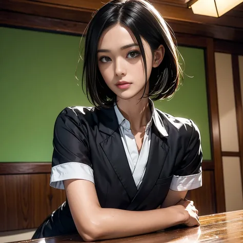 Young female,submissive and loyal posture, pet-like servitude, short hair, brown or black hair color, gaze showing innocence and obsession, wearing a modified servant-style uniform, expression slightly obedient and infatuated, low posture leaning close, up...