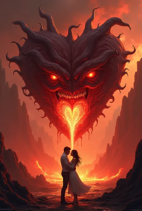 A heart-shaped monster throwing toxic fire with hearts , about to eat a distracted couple kissing each other,  with a realistic hell scenario on a stone surrounded by lava.