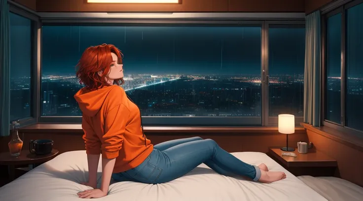 "Create a cinematic, cozy bedroom at nighttime with a modern urban setting. A large glass window reveals a futuristic cityscape illuminated by neon lights with light rain falling outside. The perspective is from a distance, capturing the entire bedroom lay...