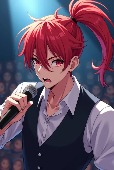  masterpiece fails,  Handsome guy, his eyebrows are frowned , smile, red hair in a high ponytail,  red eyes ,  holds the microphone ,  Anime style 