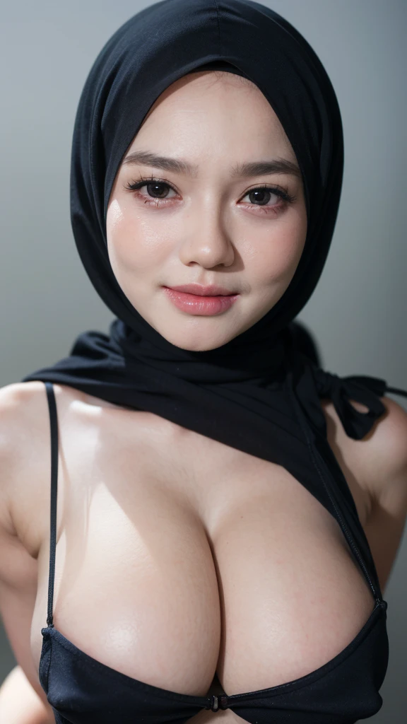 ((((HALF BODY  PORTRAIT)))), Naked, Very cute like a baby face, ((Stylish Hijab)), adorable, 1 girl, , baby face, shy, half body portrait,smile,  (face details: 1), (eye details: 1), ((round large breasts, cleavage)). Cute posed. proportional body. Ultra H...