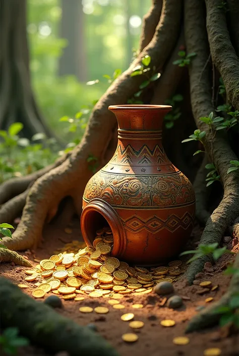 Create an image of a buried Yeno vase of gold coins 