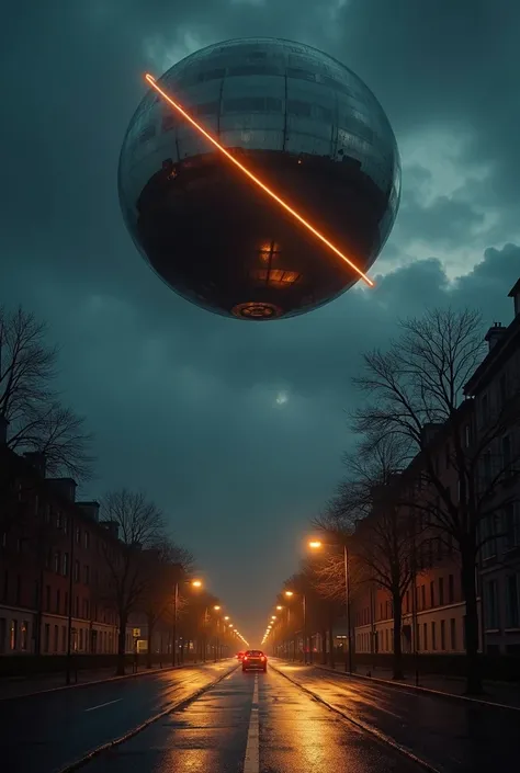  Masterpiece,  cinematographic view of the sky ,  dark night,  a sphere suspended in the air ,  of shiny metallic texture ,  details contrast and shadows  ,  reflected in the landscape and environment ,  intermittent amber-colored light axes orbiting its s...