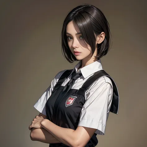 Young female,short or medium-short hair, black or dark brown hair, brown or black eyes, alert and strong gaze, uniform-style outfit, appearance of a remedial student, arms crossed or a cautious standing pose, simple and clean background, nervous but confid...