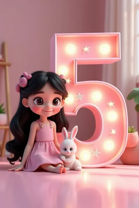 I need a large sign of the number 5 ,  in light pink with sparkles and standing next to it a  girl with curlers,  long black hair
The girls skin must be very white skin , her eyes are very black and bright 
Also that she has a dazzling smile and has to hav...