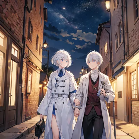 The short-haired, white-haired wizard man majoring in medicine seems to be having fun while taking a walk around the medieval night town