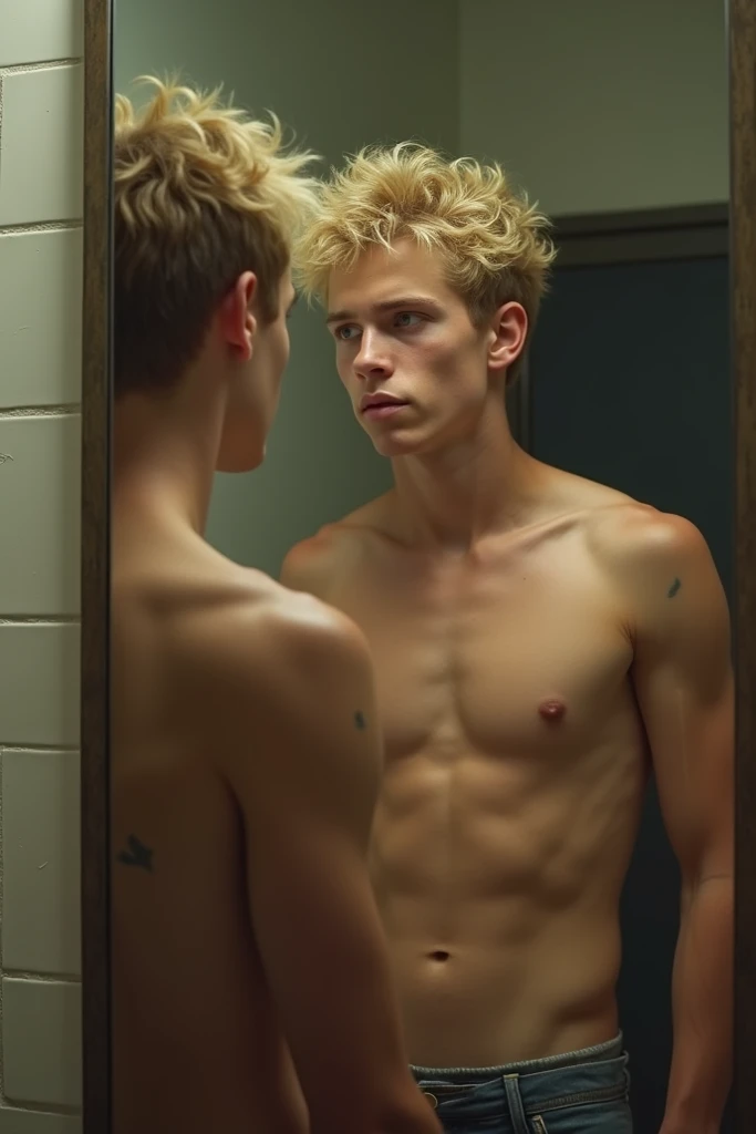 16-year-old blond teenager , very handsome,  with something of a tablet and a young mans face but very funny .  I find him in the school bathroom without a shirt looking in the mirror