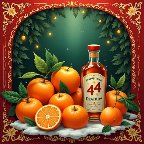  Christmas drawing decor card red color, Green, gold and with oranges  (fruits). Including the number 44 in small form on a small bottle of liqueur. 