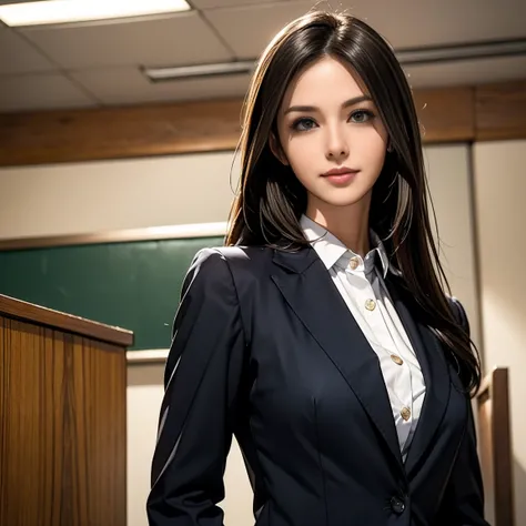 Elegant and mature woman,long hair, black or dark brown hair, deep and intelligent gaze, expression combining wisdom and authority, graceful yet slightly cold smile, uniform-style suit or professional attire, upright posture, school background or office se...