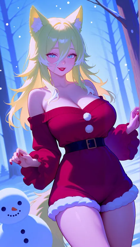 Big Breasts, 1girl, ((Long Bangs Hair, Light Colors hair)) ((wolf girl)) light blue eyes, has an extremely sexy body, with full breasts and thin waist, and an extremely sexy body, HIP HOP Off Shoulder Blouse, Fluffy Sleeved Blouse, Fluffy Fuzzy Shorts, fab...