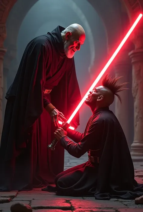 "Picture a harrowing action scene inside an ancient, dimly lit chamber, the air thick with palpable tension. At its center stands Darth Sidious, the embodiment of sinister power. His decrepit frame is draped in dark, flowing robes that seem to merge with t...