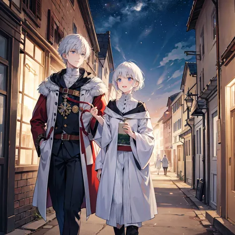 The white-haired, short-haired wizard man majoring in medicine seems to be having fun while walking alone in a medieval night town