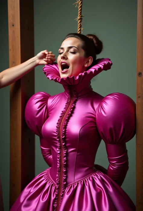 (realistic photograph close up sideways historical) (a big bust slender waist beautiful sexy looking pleased lady having an orgasm with (hair bun)), (she is wearing (an exaggerated elaborate shiny fuchsia high neck dress with (oversized puff sleeves), (and...