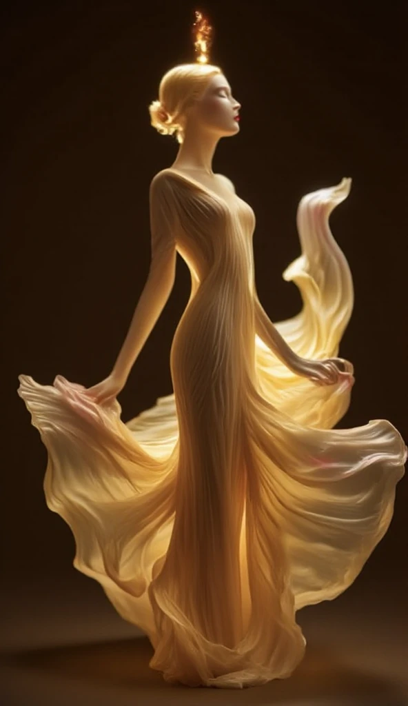 Imagine a single candle, exquisitely sculpted in the enchanting form of a curvaceous figure of a woman. Her silhouette is adorned with flowing curves and intricate folds that evoke the elegance of a gown. The wax possesses a soft, creamy texture, while the...