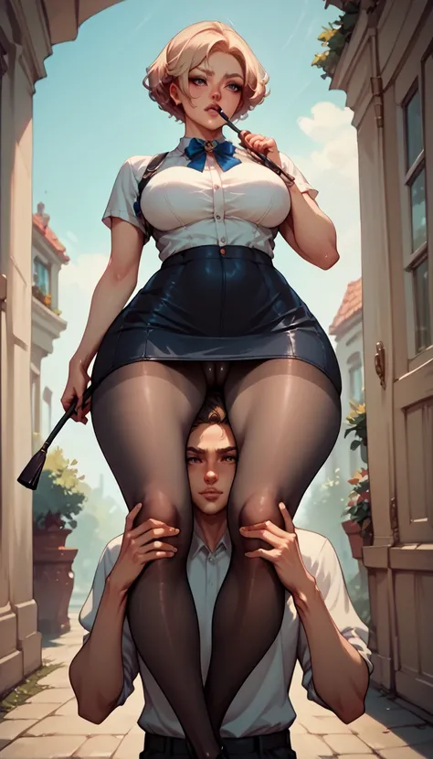 shoulder carry, portrait, piggyback, skinny boy, big beautiful woman, large breasts, long legs, thick thighs, front view, please boy is skinny, long body, mini skirt, black pantyhose, please boy is gagged, riding crop