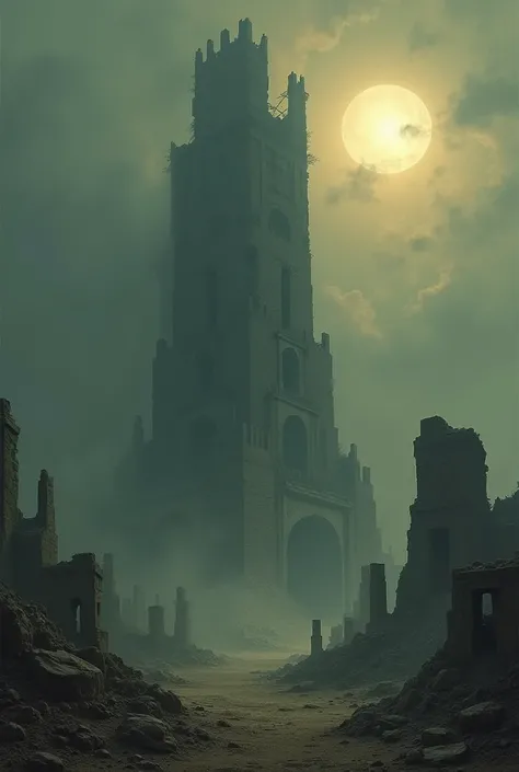 The Tower of Babylon, half-destroyed, dark, gloomy, emerging from the ruins of the ancient Middle East; around it are hundreds of s; the ruins of the tower are clouded by a semi-thick fog in the middle of the sunset; it has a gloomy appearance; a masterpie...