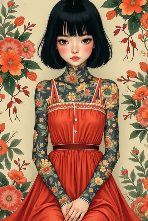 , fascination ,  dimensional. The surreal and realistic illustration of a teenage Japanese girl . , she has black hair, blunt bangs ,  and wearing a bright red dress. Quench with an exquisite floral pattern . , freckles, freckles, dullness, smooth skin , ,...