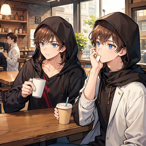 The handsome man with brown hair, is wearing a hood and drinking coffee in everyday clothes at a cafe